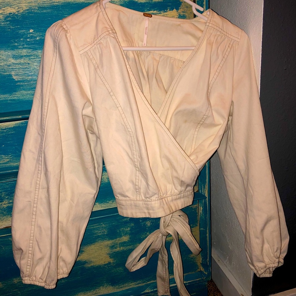 Free people white denim tie long sleeve shirt.